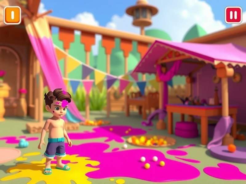 Bright Holi Adventure gameplay screenshot showing colorful Holi celebration